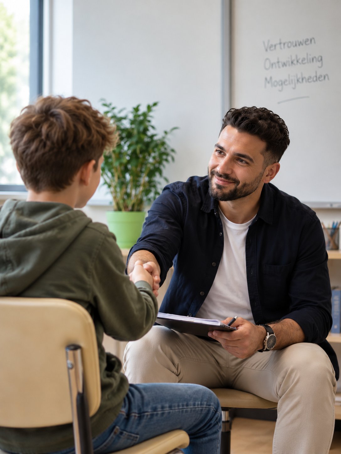 Social worker in professioneel gesprek met een jongere